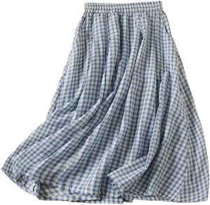 chouyatou Women's Vintage Plaid Elastic Waist A Line Pleated Swing Midi Long Skirt with Pockets