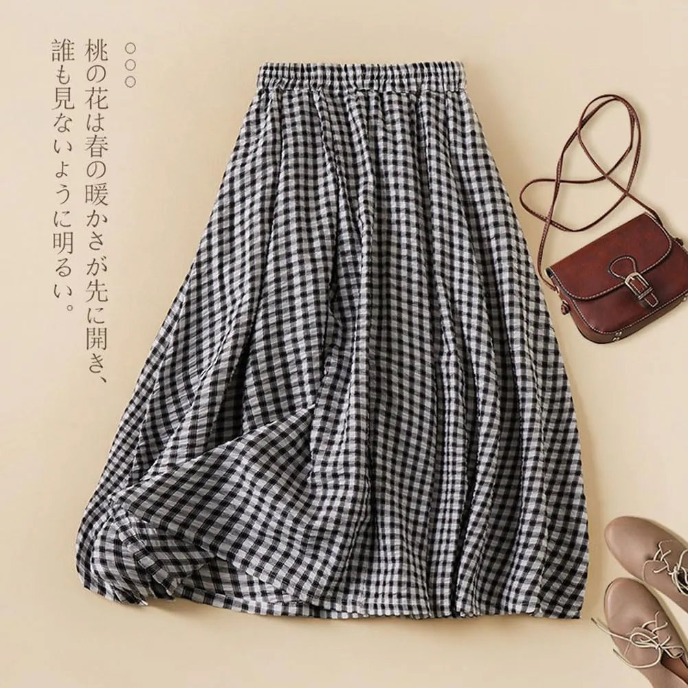 chouyatou Women's Vintage Plaid Elastic Waist A Line Pleated Swing Midi Long Skirt with Pockets
