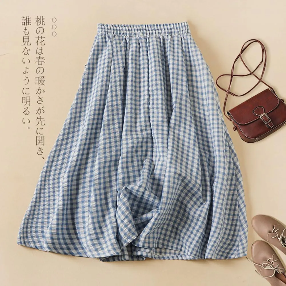 chouyatou Women's Vintage Plaid Elastic Waist A Line Pleated Swing Midi Long Skirt with Pockets