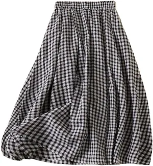 chouyatou Women's Vintage Plaid Elastic Waist A Line Pleated Swing Midi Long Skirt with Pockets