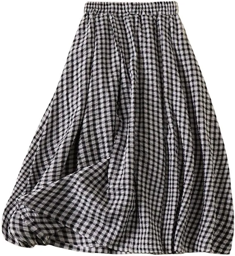 chouyatou Women's Vintage Plaid Elastic Waist A Line Pleated Swing Midi Long Skirt with Pockets