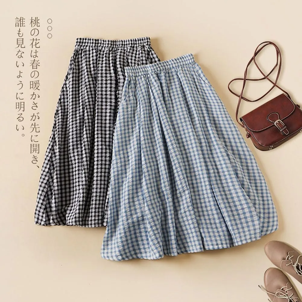 chouyatou Women's Vintage Plaid Elastic Waist A Line Pleated Swing Midi Long Skirt with Pockets