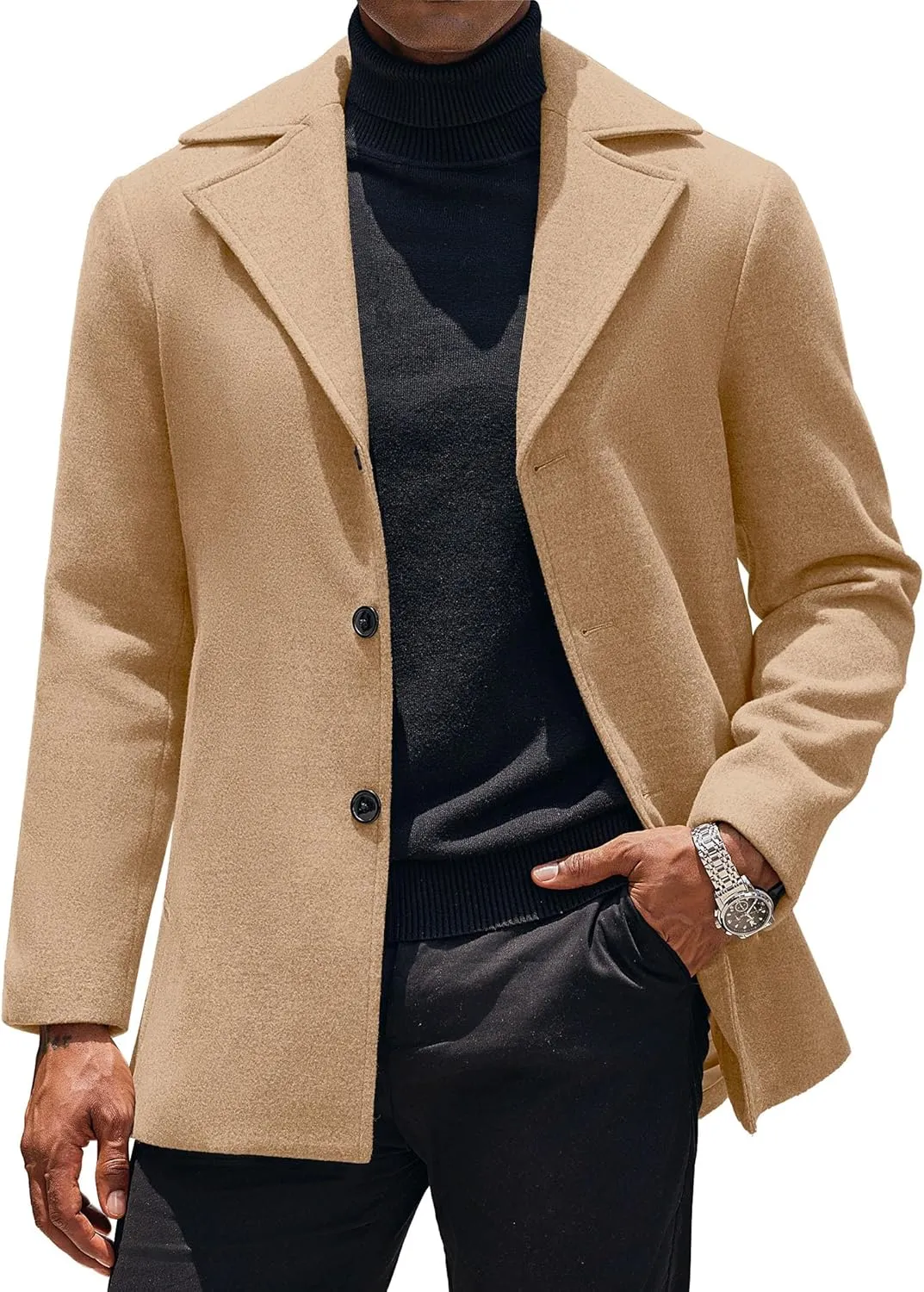 COOFANDY Mens Trench Coat Notched Collar Single Breasted Peacoat Winter Overcoat With Pockets