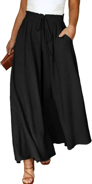 Eytino Womens Plus Size Wide Leg Pants Casual Elastic High Waist Flowy Pants Drawstring Palazzo Pants with Pockets(1X-5X)