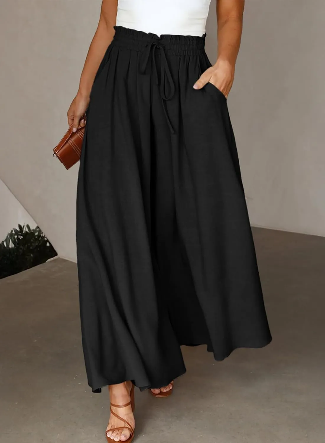 Eytino Womens Plus Size Wide Leg Pants Casual Elastic High Waist Flowy Pants Drawstring Palazzo Pants with Pockets(1X-5X)