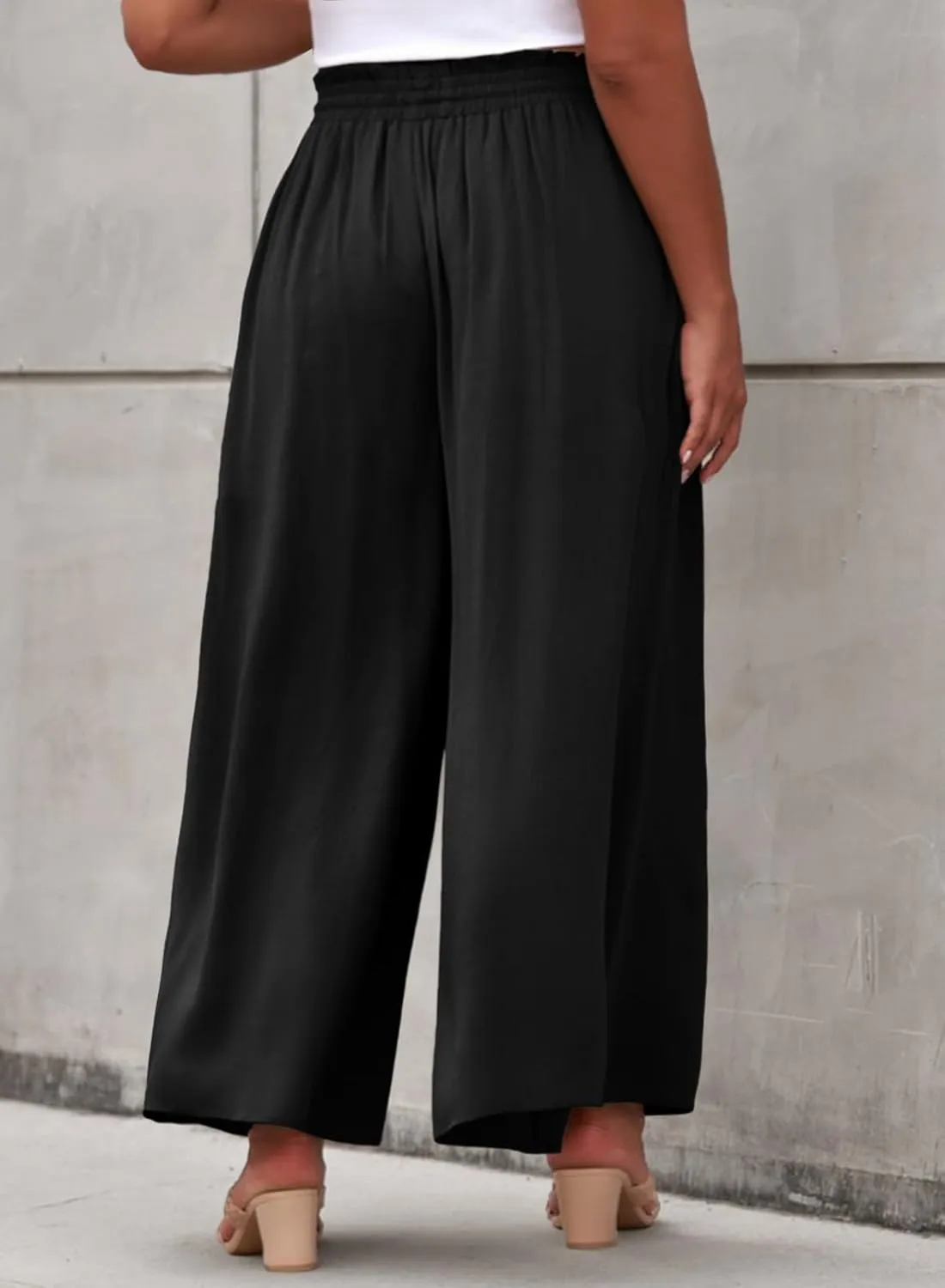 Eytino Womens Plus Size Wide Leg Pants Casual Elastic High Waist Flowy Pants Drawstring Palazzo Pants with Pockets(1X-5X)