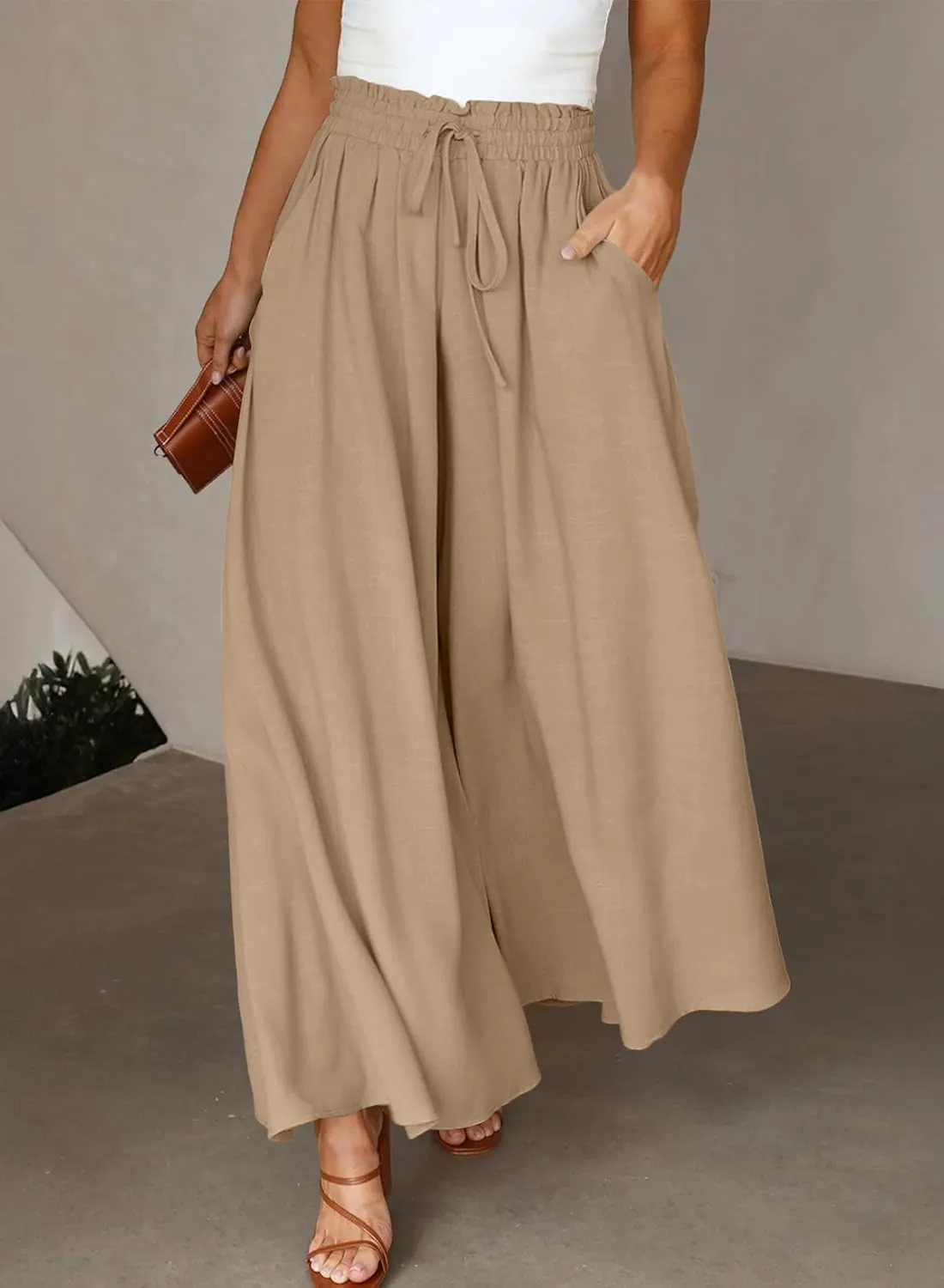 Eytino Womens Plus Size Wide Leg Pants Casual Elastic High Waist Flowy Pants Drawstring Palazzo Pants with Pockets(1X-5X)