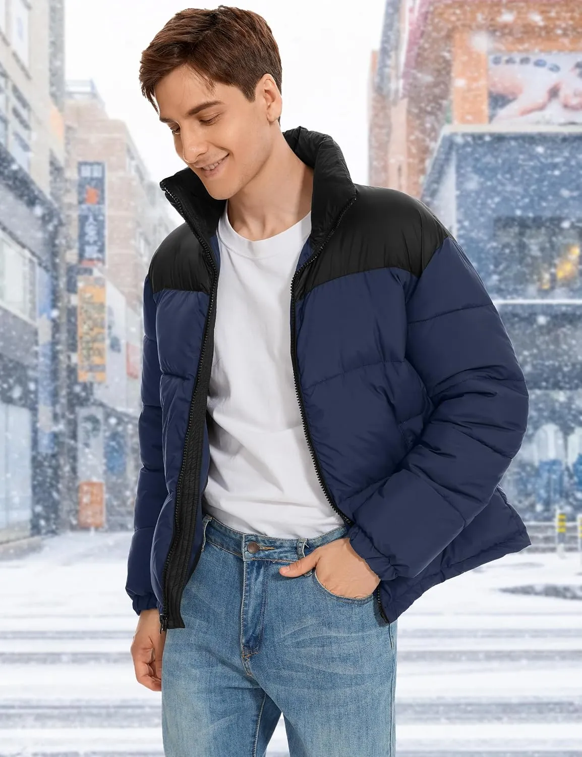 Flygo Men Puffer Jacket Winter Coats Water Resistant Long Sleeve Zip Up Lightweight Quilted Down Jackets
