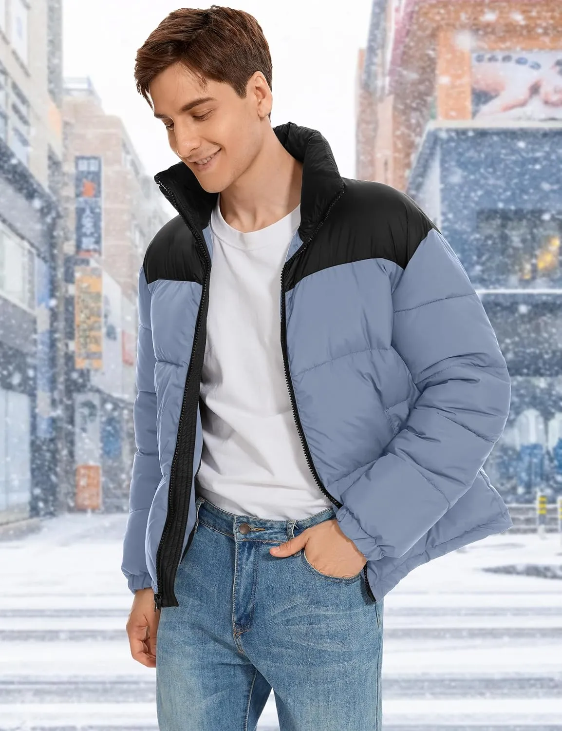 Flygo Men Puffer Jacket Winter Coats Water Resistant Long Sleeve Zip Up Lightweight Quilted Down Jackets
