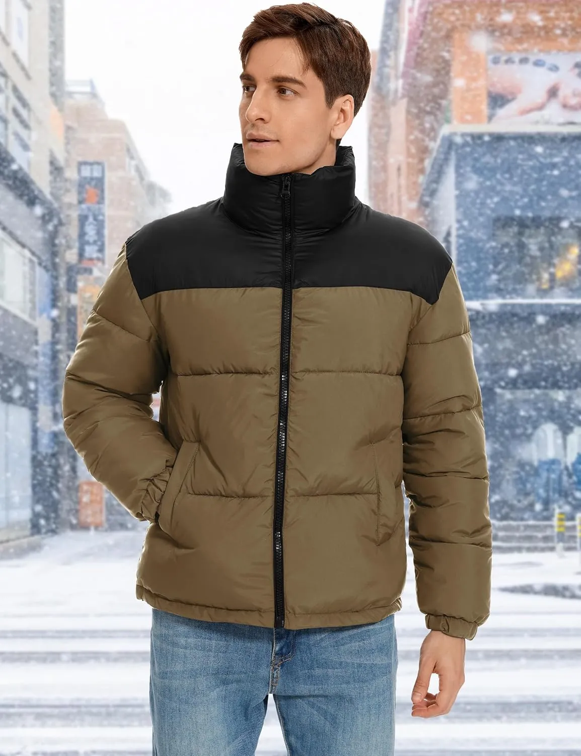 Flygo Men Puffer Jacket Winter Coats Water Resistant Long Sleeve Zip Up Lightweight Quilted Down Jackets