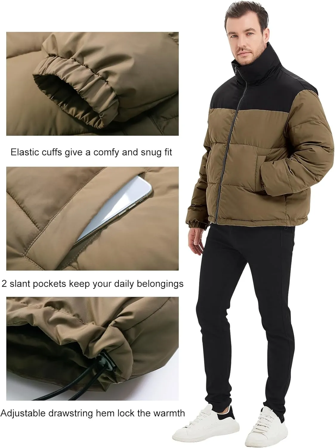 Flygo Men Puffer Jacket Winter Coats Water Resistant Long Sleeve Zip Up Lightweight Quilted Down Jackets