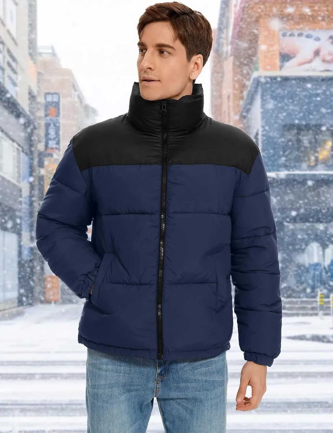 Flygo Men Puffer Jacket Winter Coats Water Resistant Long Sleeve Zip Up Lightweight Quilted Down Jackets