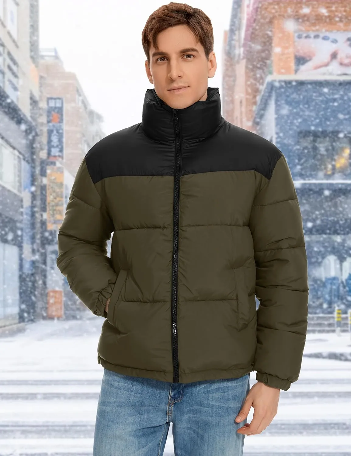 Flygo Men Puffer Jacket Winter Coats Water Resistant Long Sleeve Zip Up Lightweight Quilted Down Jackets