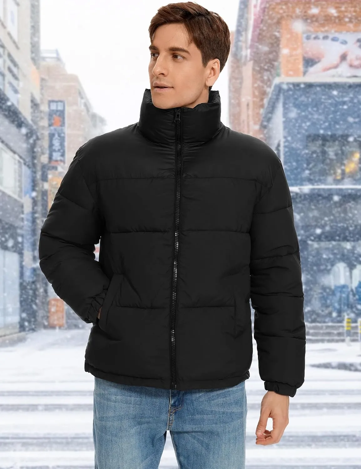 Flygo Men Puffer Jacket Winter Coats Water Resistant Long Sleeve Zip Up Lightweight Quilted Down Jackets