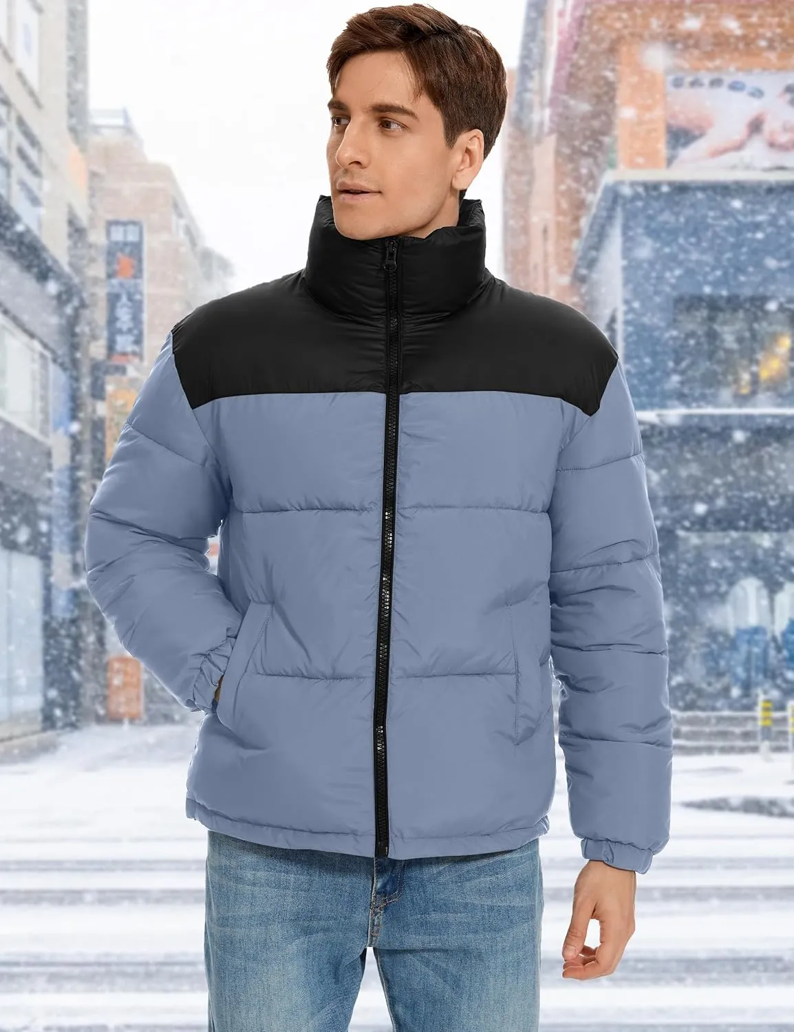 Flygo Men Puffer Jacket Winter Coats Water Resistant Long Sleeve Zip Up Lightweight Quilted Down Jackets