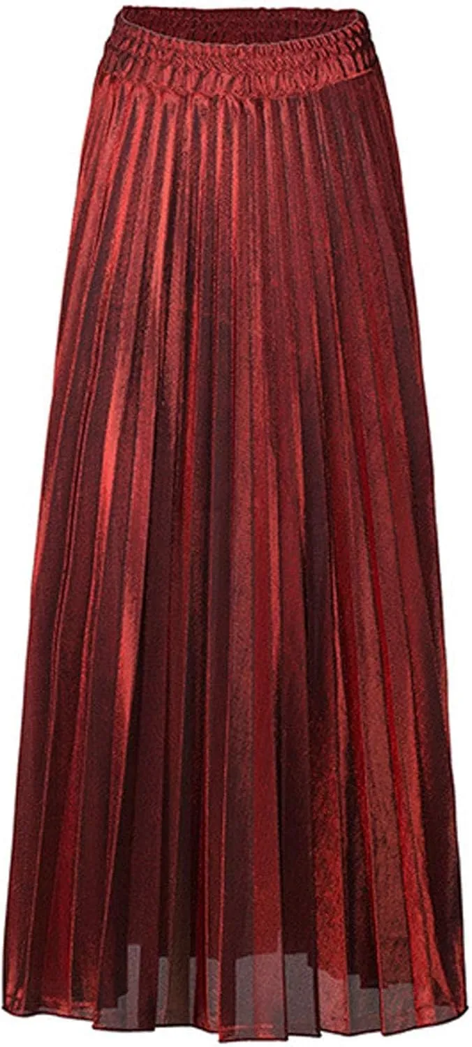 Flygo Women's Casual Metallic Shiny Shimmer Pleated Swing Maxi Long Skirt