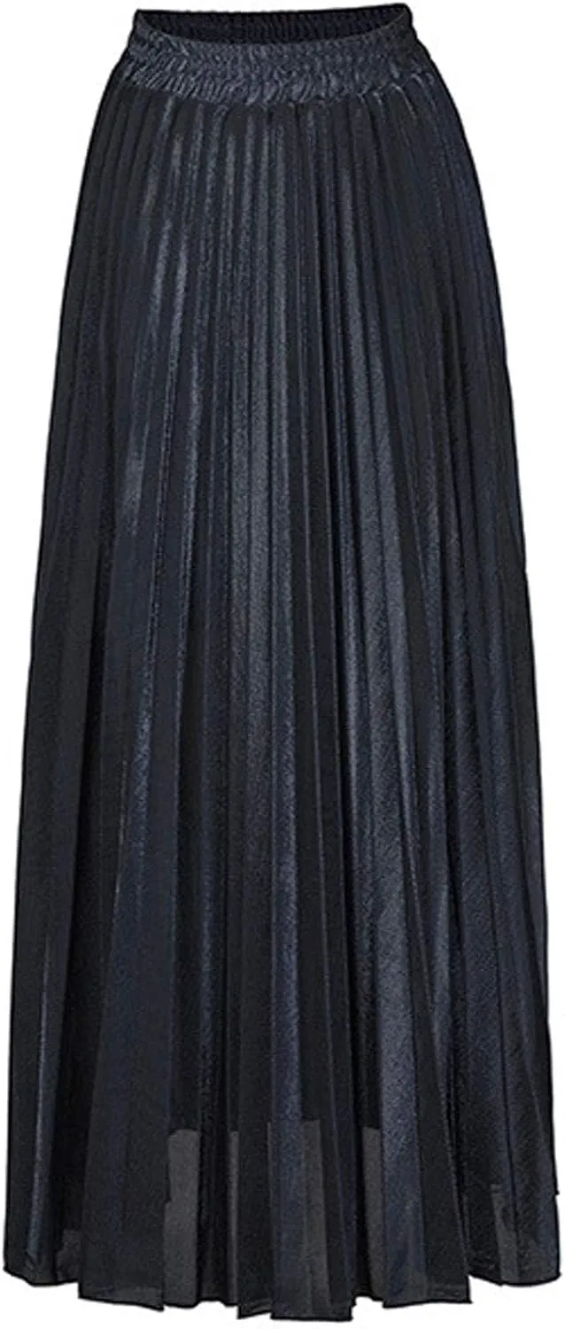 Flygo Women's Casual Metallic Shiny Shimmer Pleated Swing Maxi Long Skirt