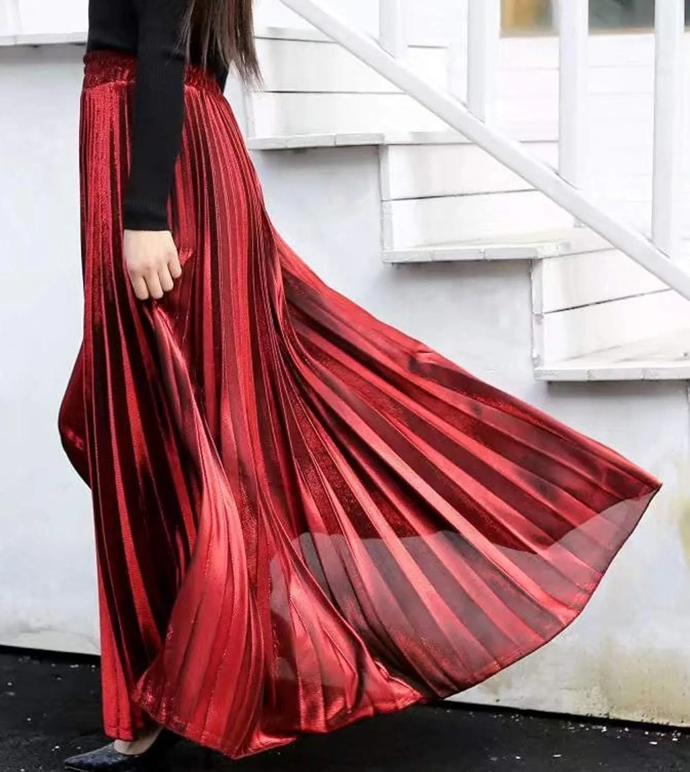 Flygo Women's Casual Metallic Shiny Shimmer Pleated Swing Maxi Long Skirt