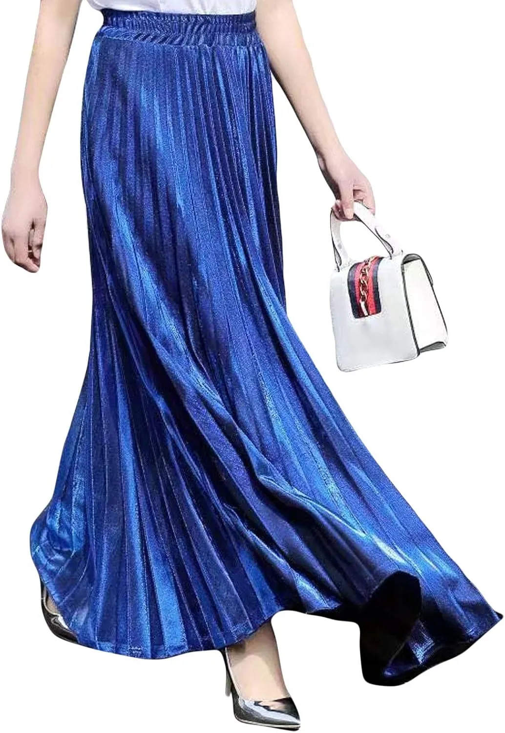 Flygo Women's Casual Metallic Shiny Shimmer Pleated Swing Maxi Long Skirt