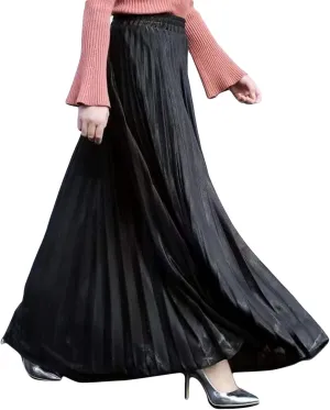 Flygo Women's Casual Metallic Shiny Shimmer Pleated Swing Maxi Long Skirt