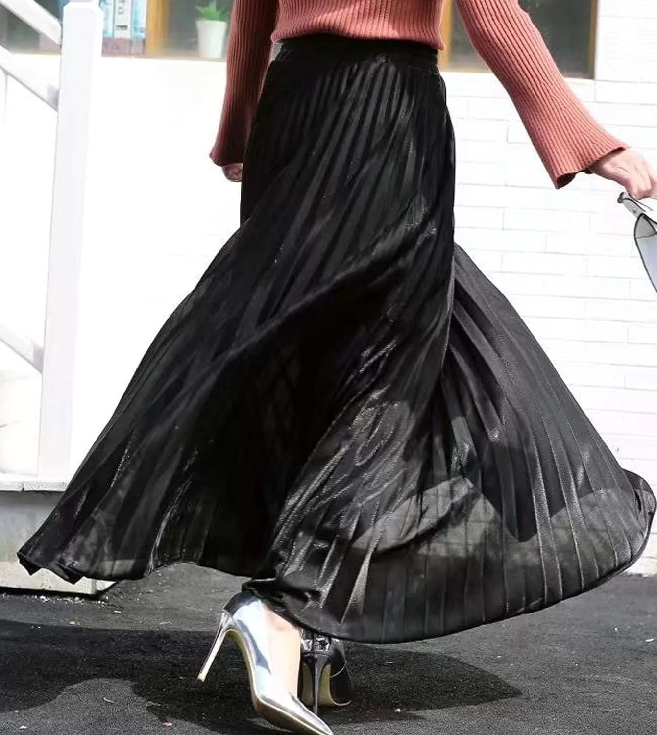 Flygo Women's Casual Metallic Shiny Shimmer Pleated Swing Maxi Long Skirt