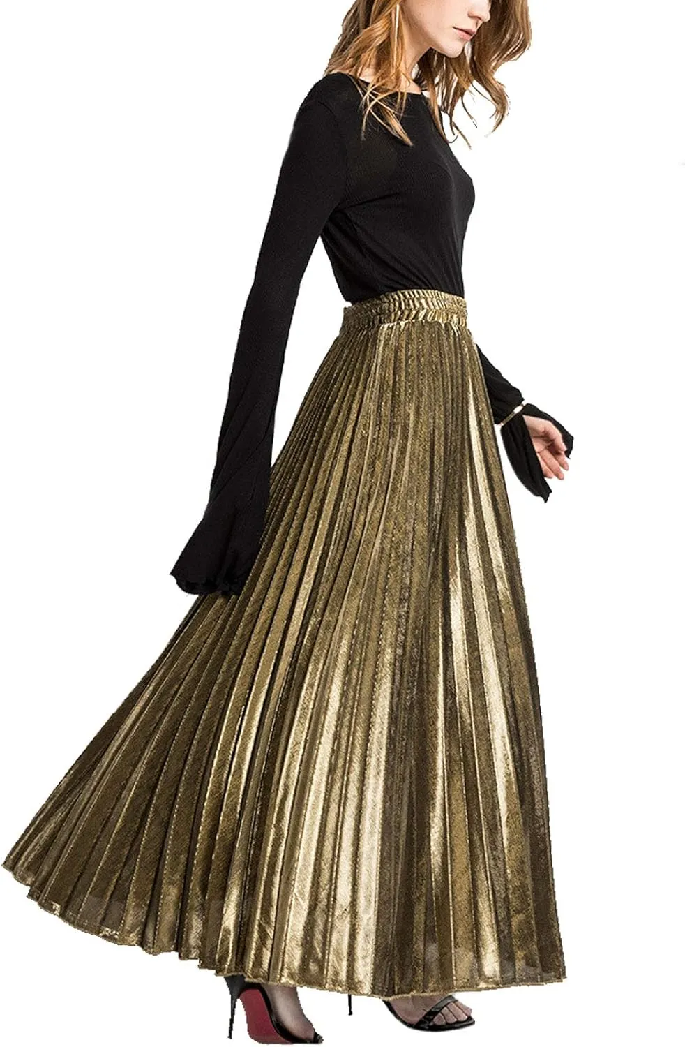 Flygo Women's Casual Metallic Shiny Shimmer Pleated Swing Maxi Long Skirt