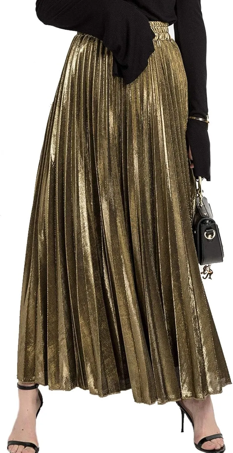 Flygo Women's Casual Metallic Shiny Shimmer Pleated Swing Maxi Long Skirt