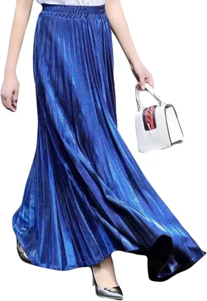 Flygo Women's Casual Metallic Shiny Shimmer Pleated Swing Maxi Long Skirt