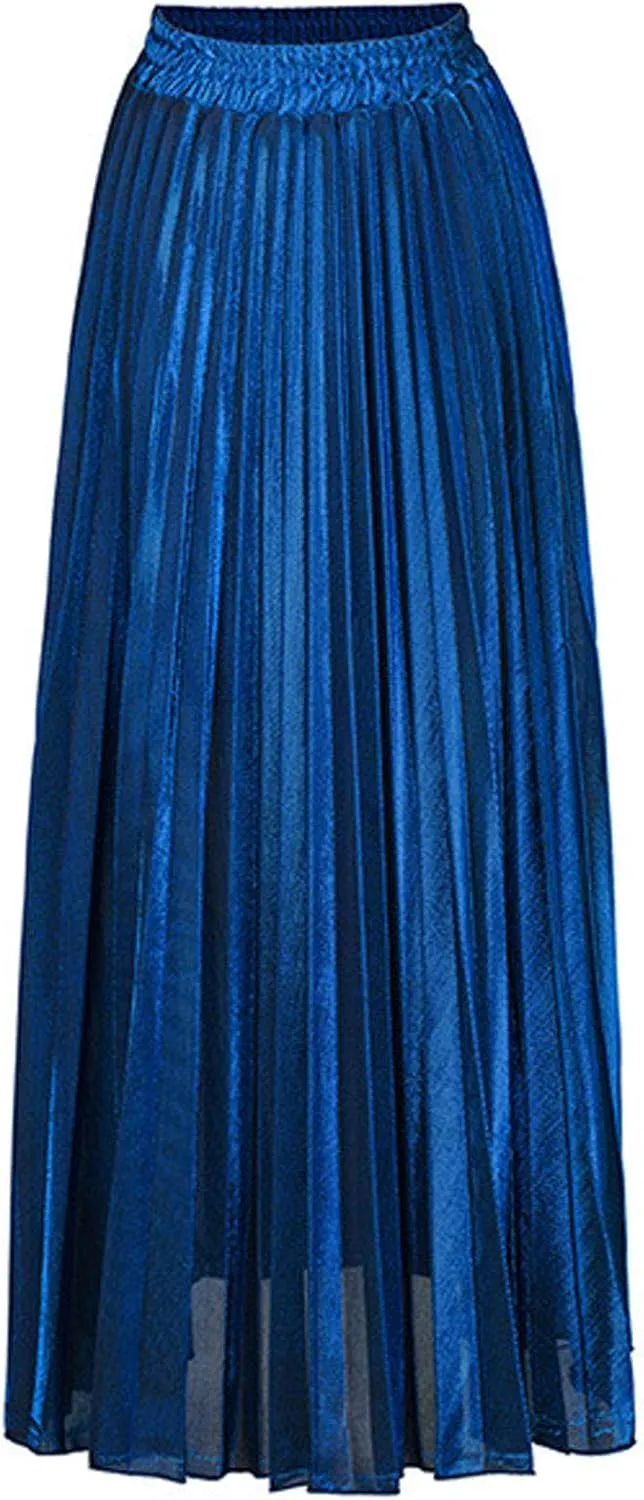 Flygo Women's Casual Metallic Shiny Shimmer Pleated Swing Maxi Long Skirt