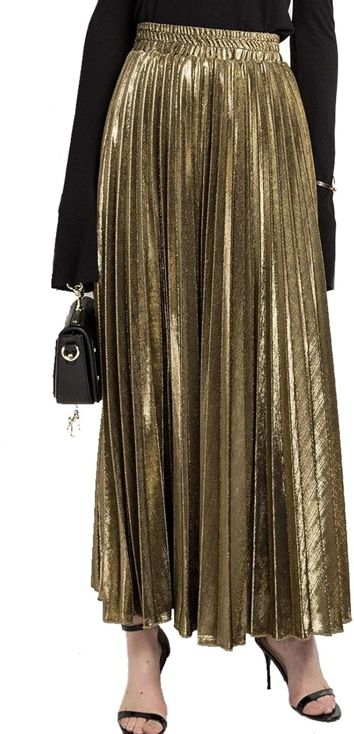 Flygo Women's Casual Metallic Shiny Shimmer Pleated Swing Maxi Long Skirt