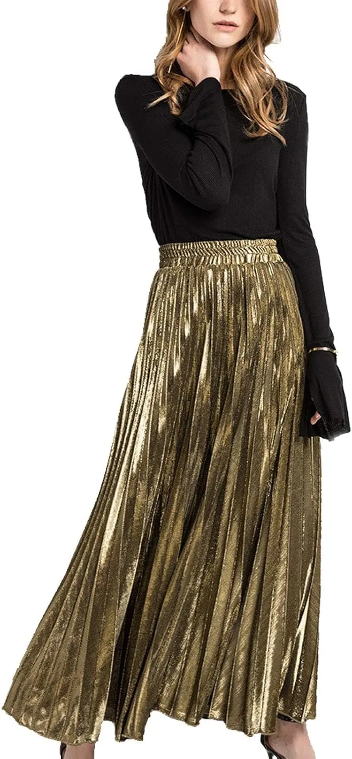 Flygo Women's Casual Metallic Shiny Shimmer Pleated Swing Maxi Long Skirt