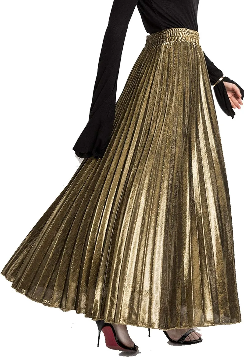 Flygo Women's Casual Metallic Shiny Shimmer Pleated Swing Maxi Long Skirt