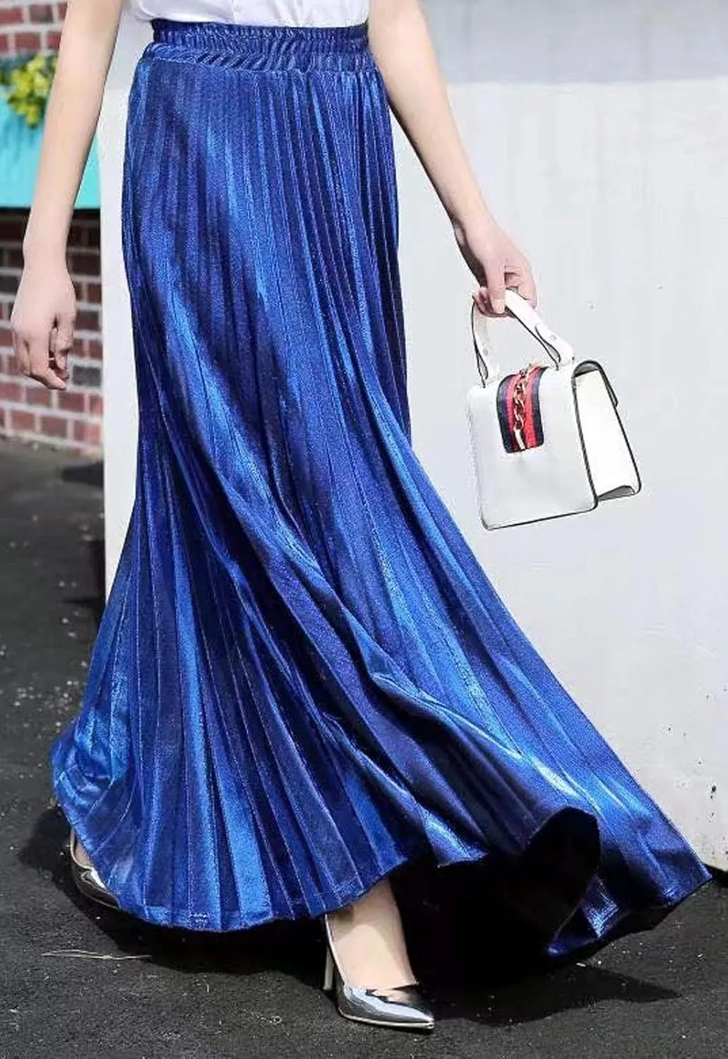 Flygo Women's Casual Metallic Shiny Shimmer Pleated Swing Maxi Long Skirt