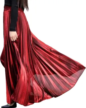 Flygo Women's Casual Metallic Shiny Shimmer Pleated Swing Maxi Long Skirt