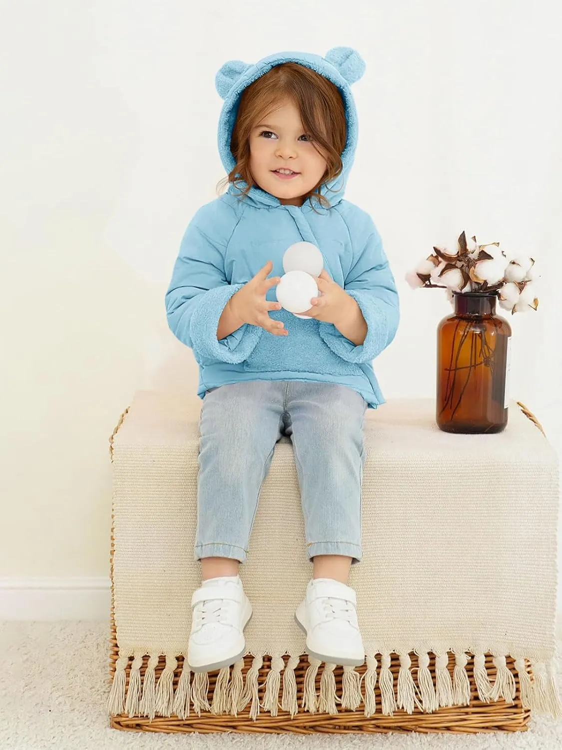 Haloumoning Baby Girls Winter Down Coats Kids Fleece Bear Hoods Light Puffer Padded Jacket Fashion Outerwear
