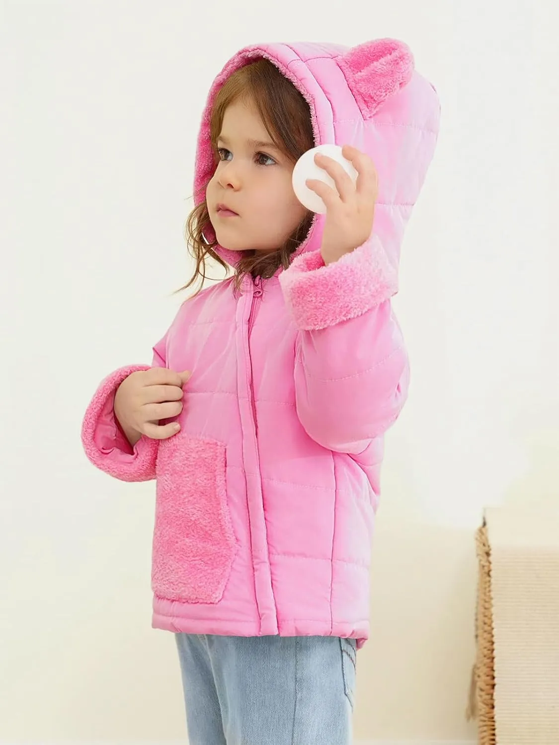 Haloumoning Baby Girls Winter Down Coats Kids Fleece Bear Hoods Light Puffer Padded Jacket Fashion Outerwear