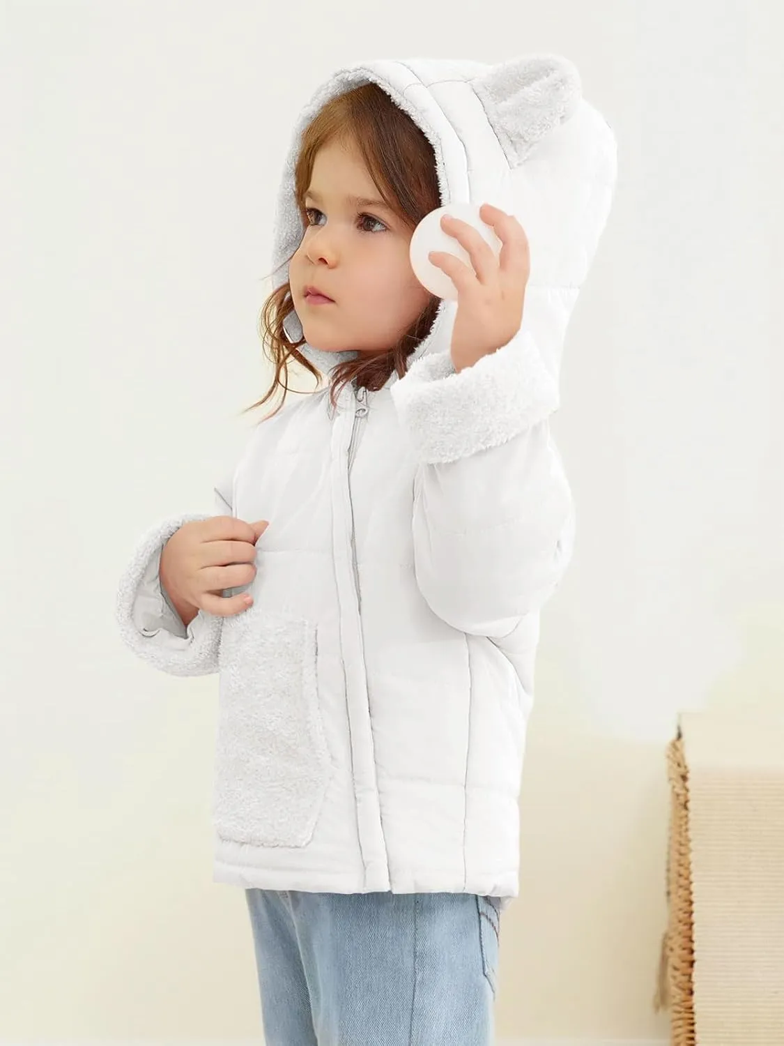 Haloumoning Baby Girls Winter Down Coats Kids Fleece Bear Hoods Light Puffer Padded Jacket Fashion Outerwear