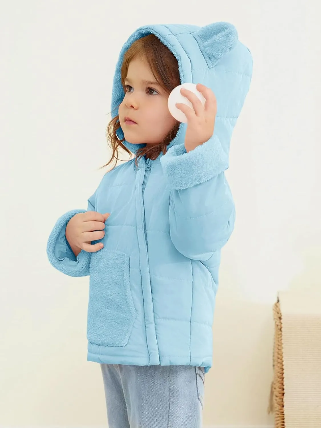 Haloumoning Baby Girls Winter Down Coats Kids Fleece Bear Hoods Light Puffer Padded Jacket Fashion Outerwear
