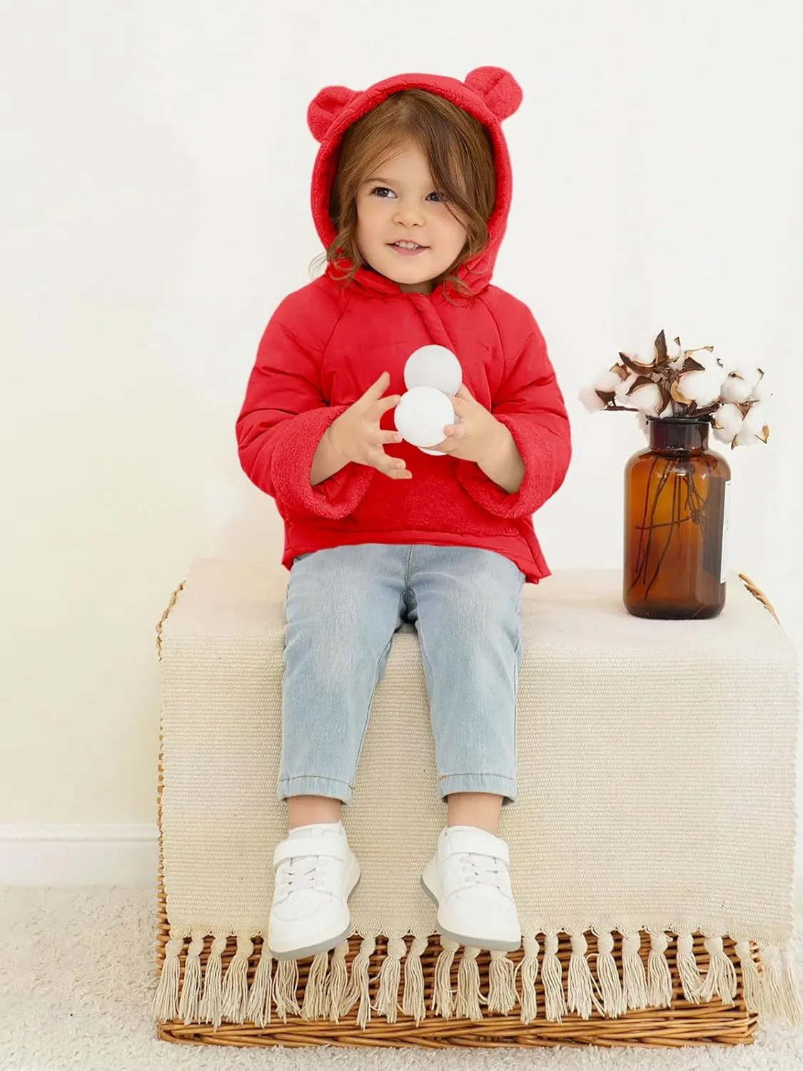 Haloumoning Baby Girls Winter Down Coats Kids Fleece Bear Hoods Light Puffer Padded Jacket Fashion Outerwear