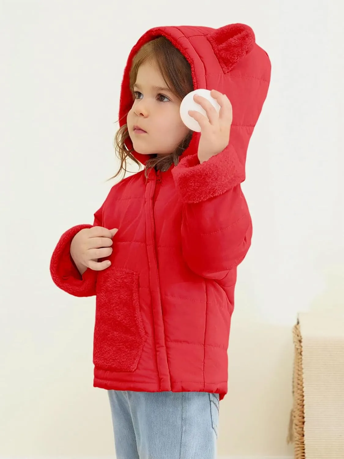 Haloumoning Baby Girls Winter Down Coats Kids Fleece Bear Hoods Light Puffer Padded Jacket Fashion Outerwear