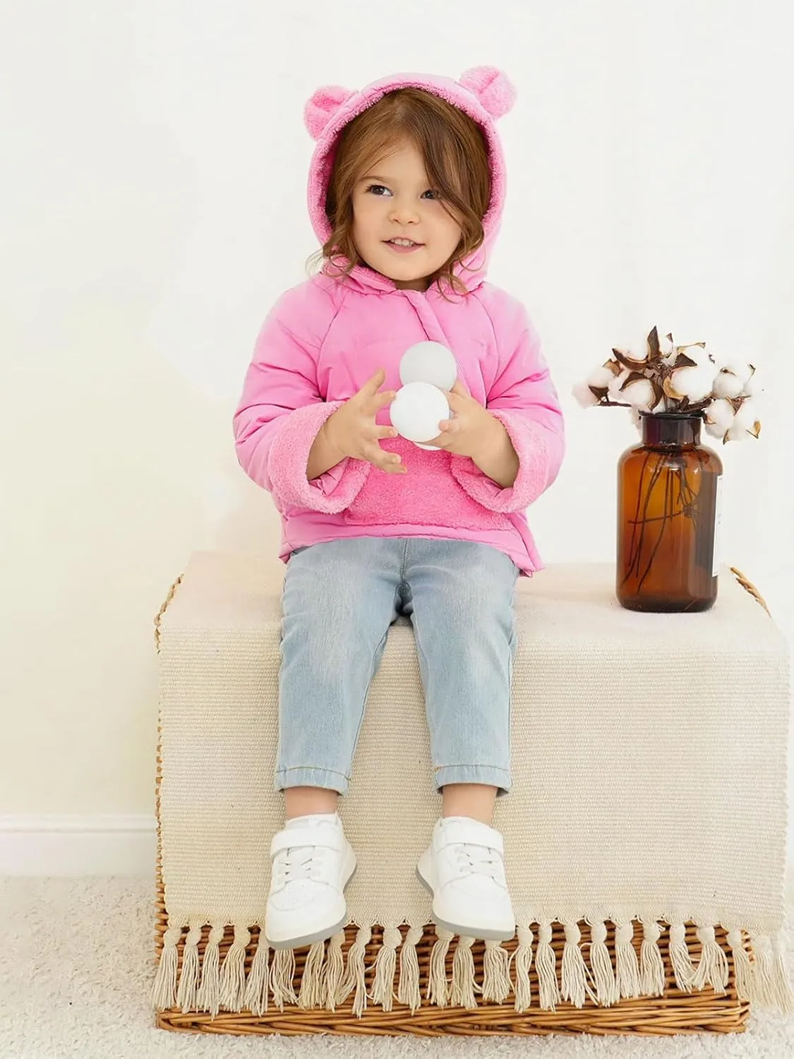 Haloumoning Baby Girls Winter Down Coats Kids Fleece Bear Hoods Light Puffer Padded Jacket Fashion Outerwear