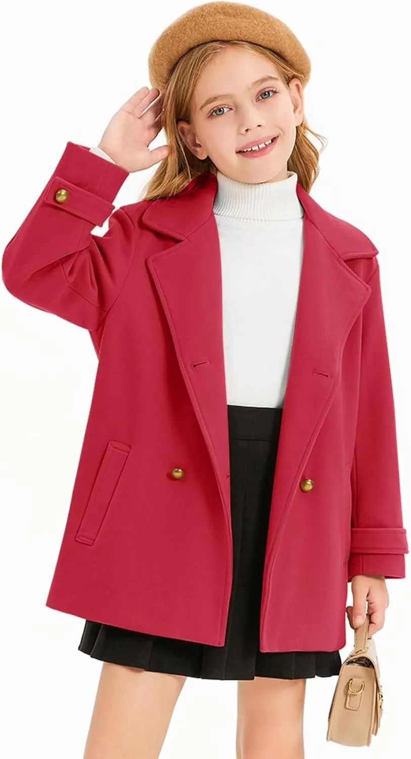Haloumoning Girls Peacoat Winter Dress Coat Double Breasted Kids Notch Lapel Fall Outerwear Jackets with Pockets 3-10 Years