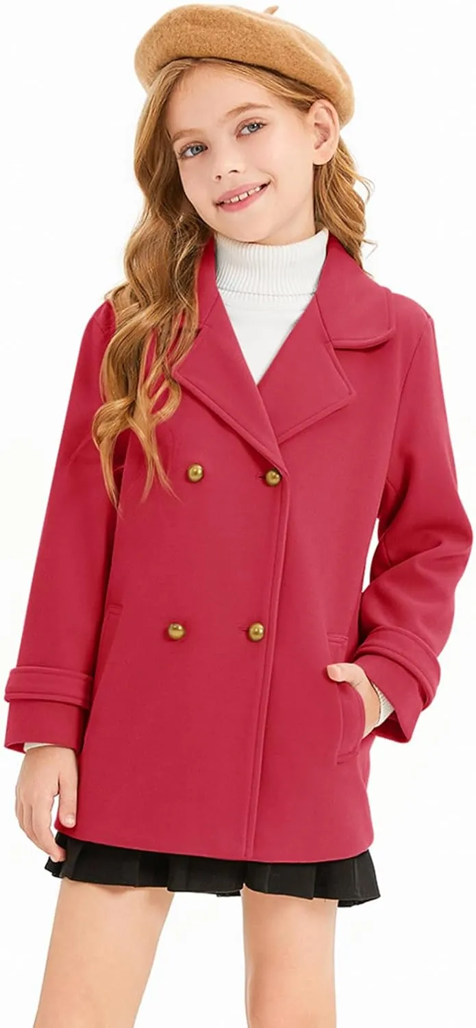 Haloumoning Girls Peacoat Winter Dress Coat Double Breasted Kids Notch Lapel Fall Outerwear Jackets with Pockets 3-10 Years
