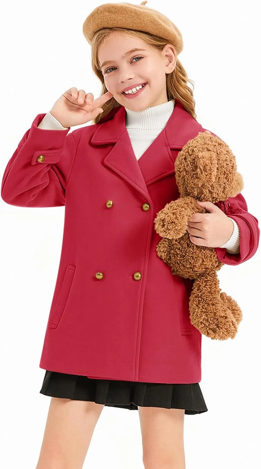 Haloumoning Girls Peacoat Winter Dress Coat Double Breasted Kids Notch Lapel Fall Outerwear Jackets with Pockets 3-10 Years