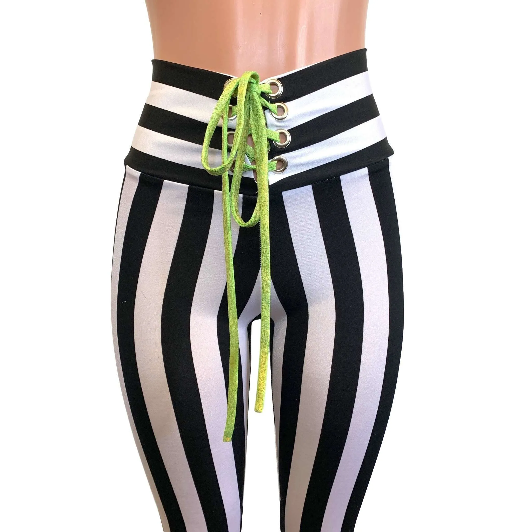 Lace-Up High Waist Leggings - Black & White Striped