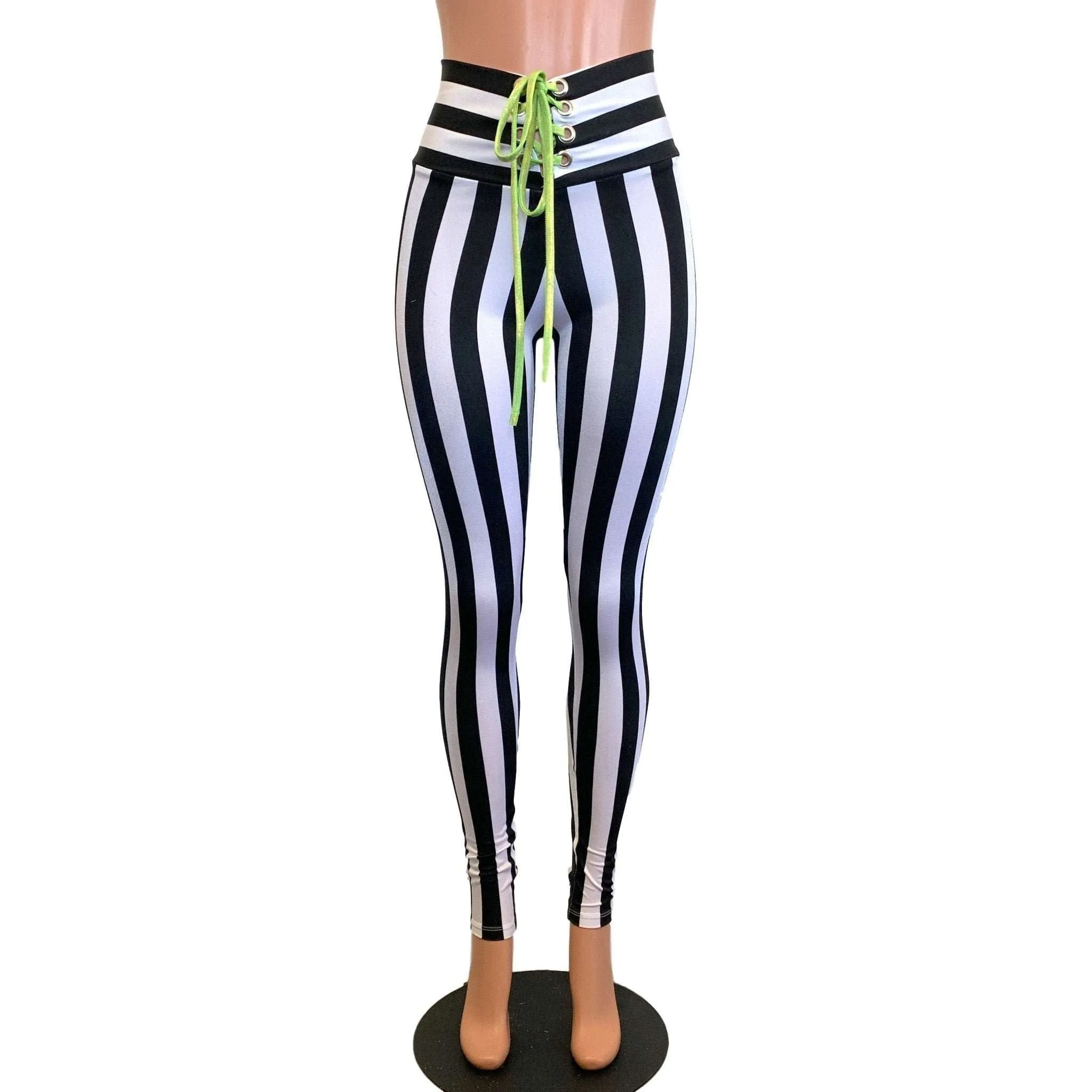 Lace-Up High Waist Leggings - Black & White Striped
