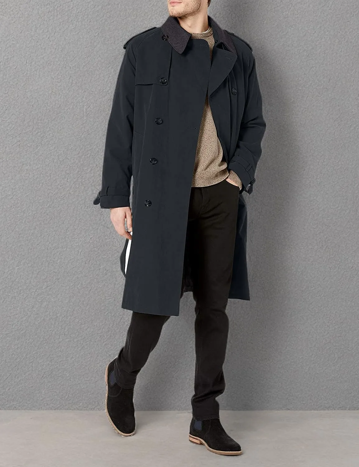 LONDON FOG Men's Iconic Double Breasted Trench Coat with Zip-Out Liner and Removable Top Collar