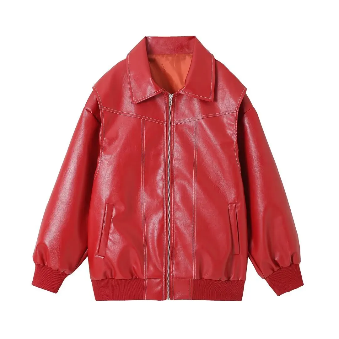 Loose Long Sleeve Zipper Leather Jacket