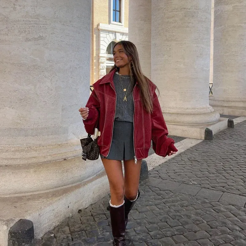 Loose Long Sleeve Zipper Leather Jacket