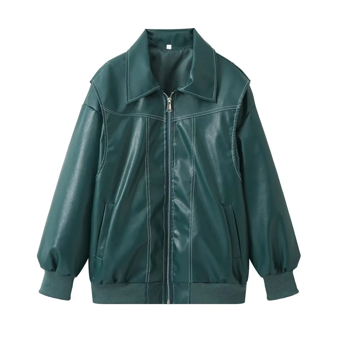 Loose Long Sleeve Zipper Leather Jacket